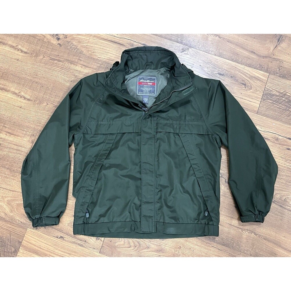 Eddie Bauer Jacket Mens L Olive Green Weather Edge Hooded Rain Shell Zip Vents